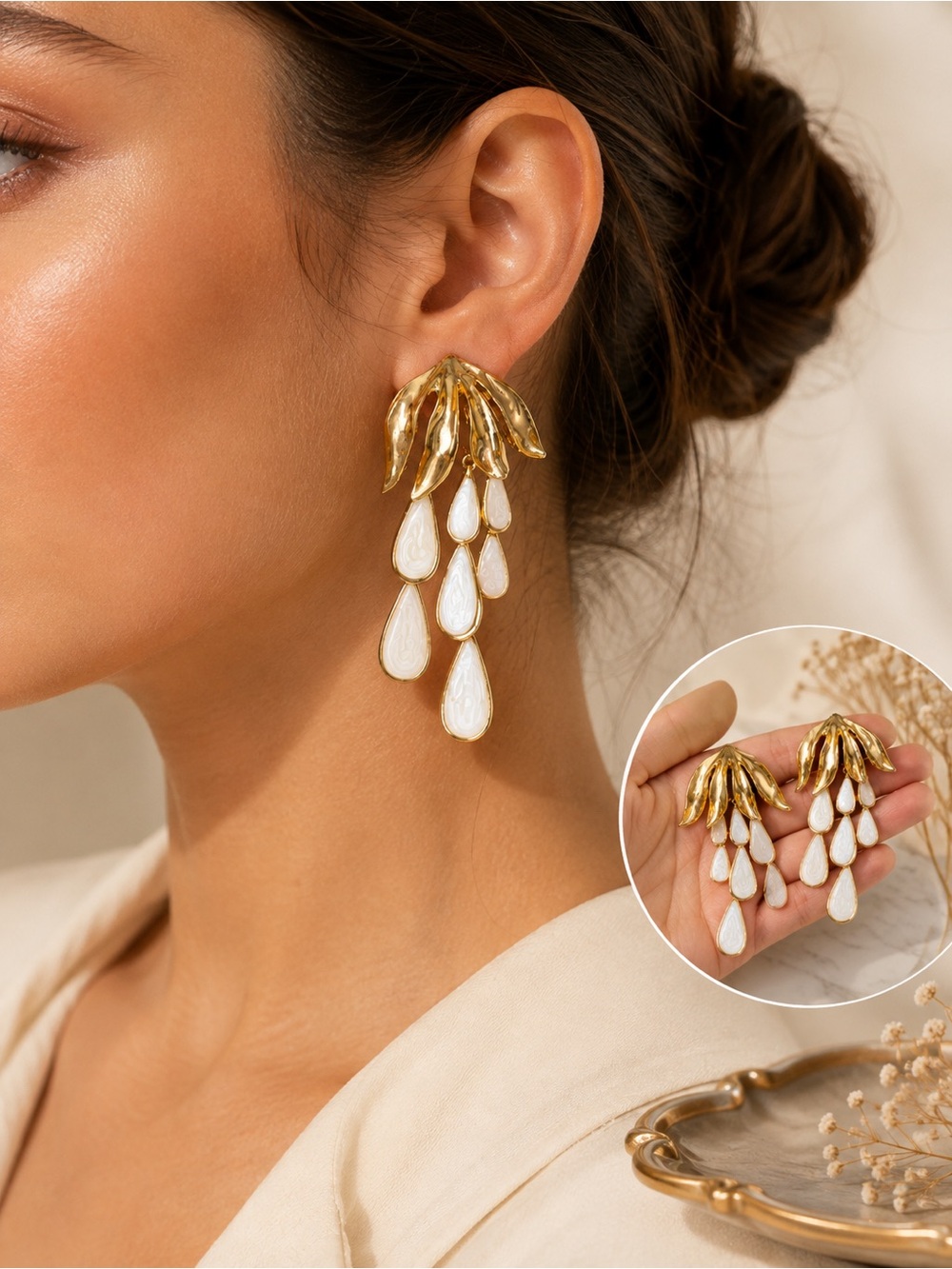 Gold Floral Statement Drop Earrings with White Teardrop Dangles